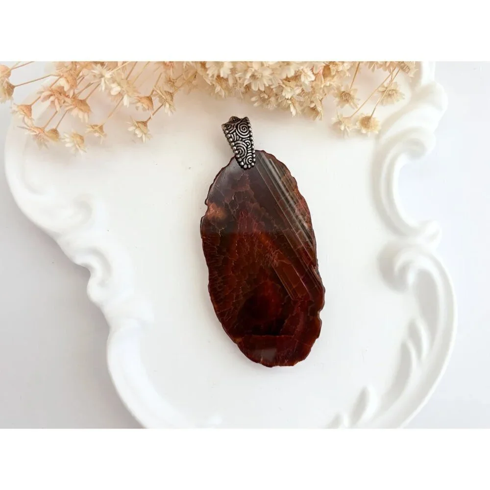 Red Sliced Agate Smooth Crystal Freeform Large Silver Toned Vintage Pendant